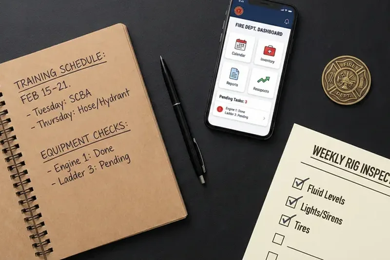 Flat lay of notebook, phone, checklist, and fire department challenge coin