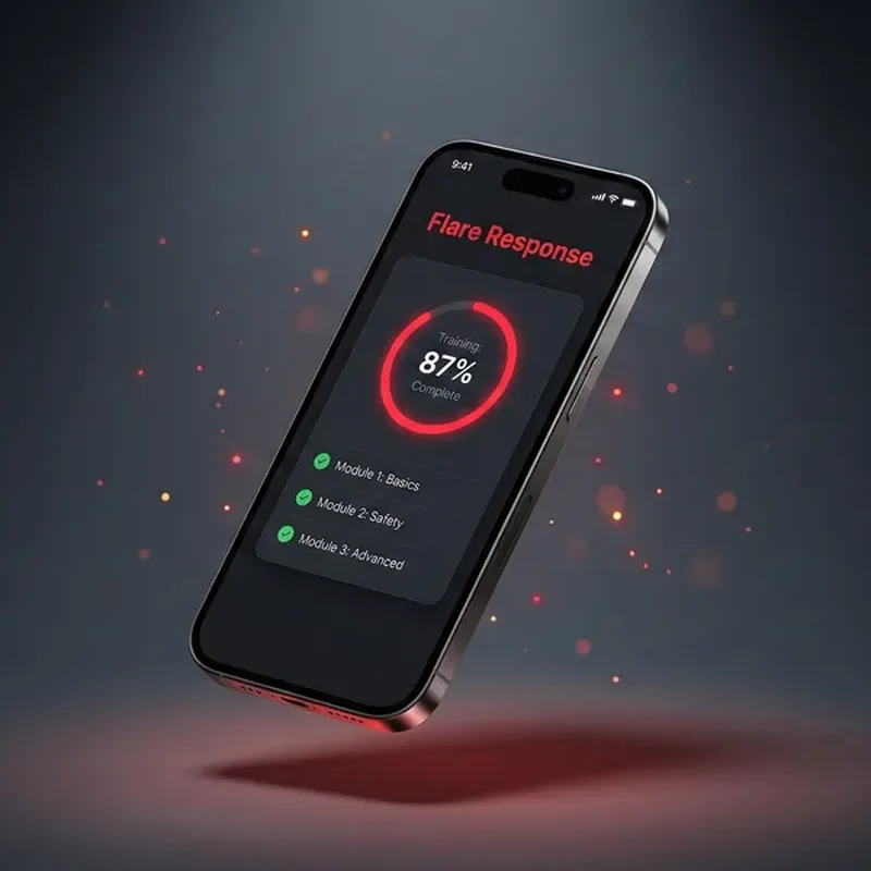 Flare Response app on floating smartphone showing training dashboard