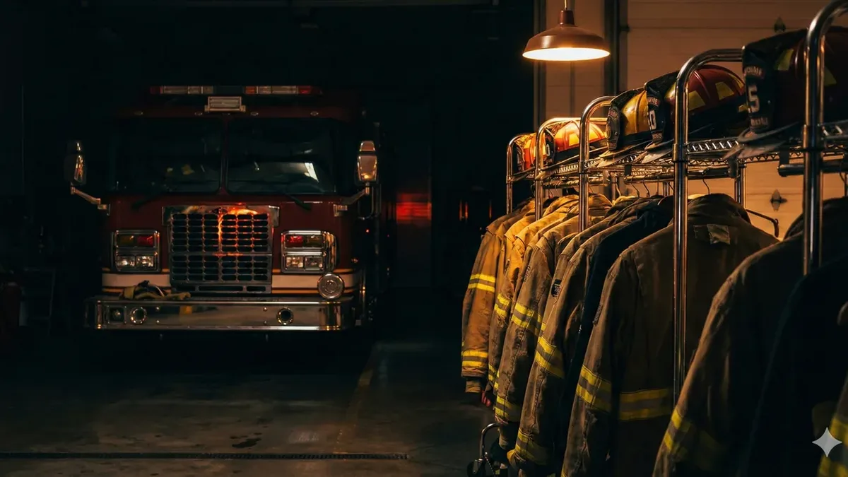Fire station interior at night with turnout gear and engine