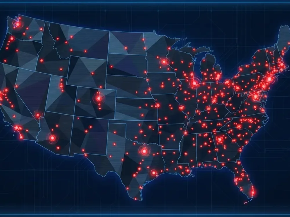 Low-poly US map showing volunteer fire department locations as red dots