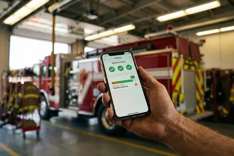 Hand holding smartphone with dashboard app in fire station bay