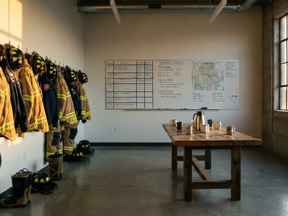 Fire station ready room at dawn with turnout gear and training whiteboard