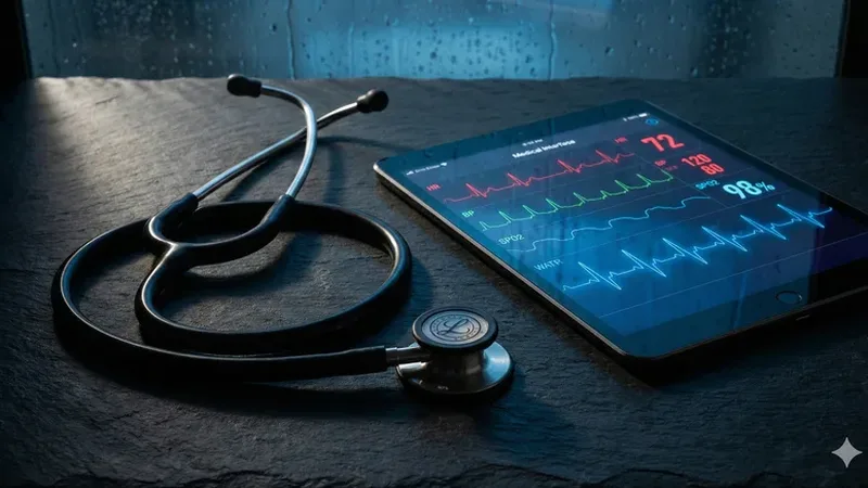 Stethoscope and tablet showing vital signs