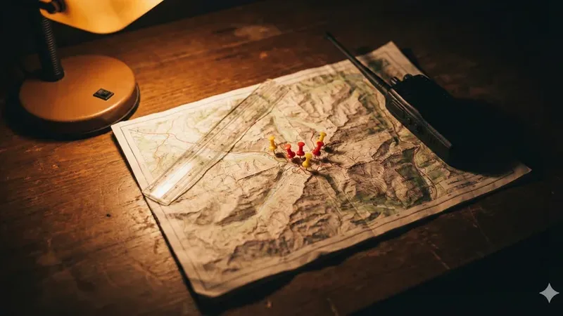 Topographic map with colored pins and desk lamp