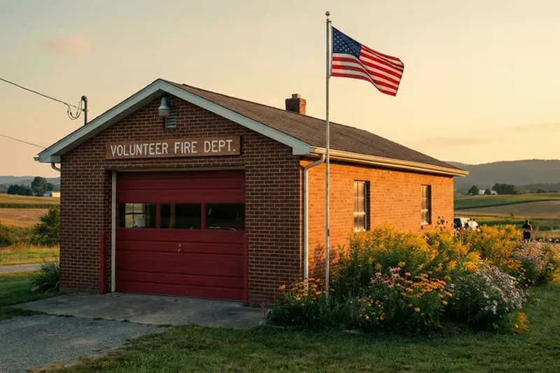 Small rural volunteer fire station at golden hour with American flag